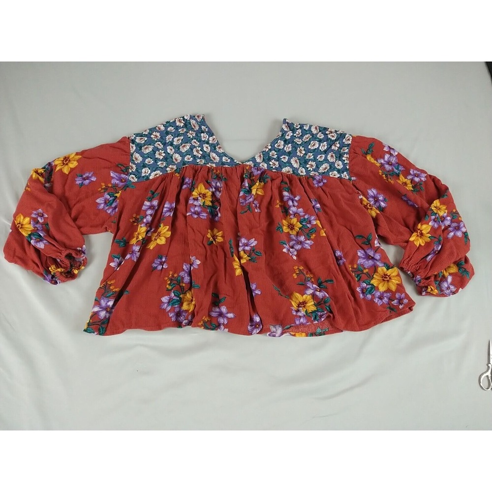 Ces Femme Top Ladies Small Brown‎ Floral Gauzey Long Puff Sleeve Beach Travel